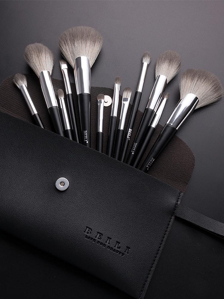 soft nano wool fiber material slim bright black wood handle silver brushes makeup with bag